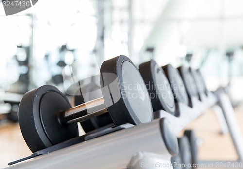 Image of close up of dumbbells in gym