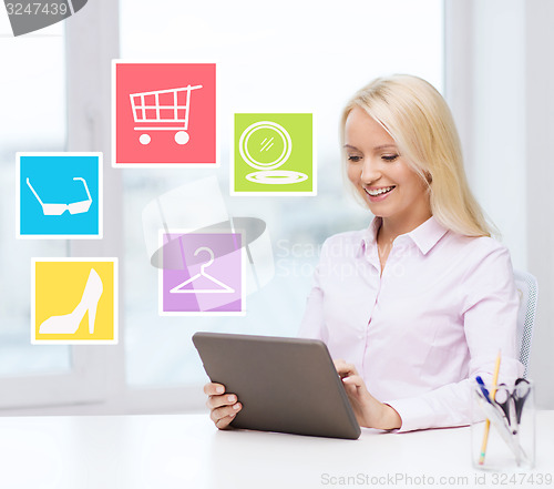 Image of smiling businesswoman or student with tablet pc