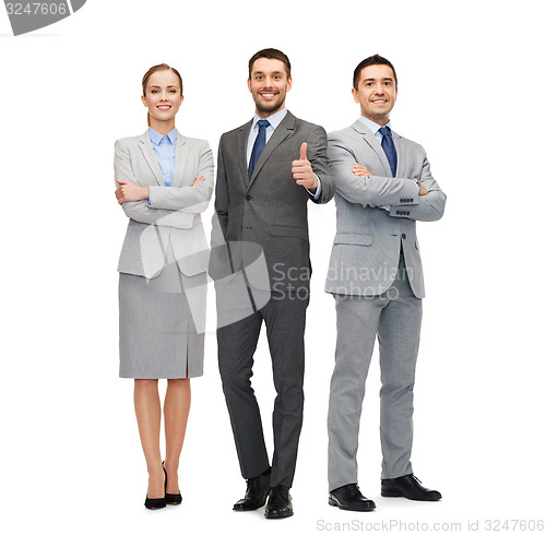 Image of group of smiling businessmen showing thumbs up