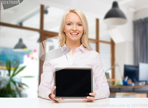 Image of smiling businesswoman or student with tablet pc