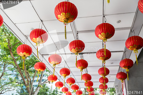 Image of ceiling decorated with hanging chinese lanterns