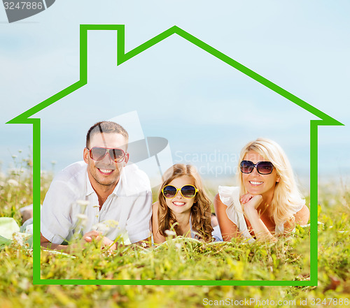 Image of happy family in sunglasses outdoors