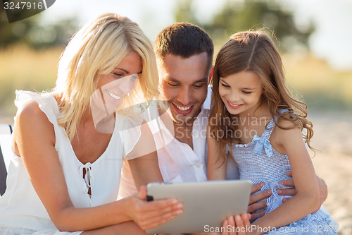 Image of happy family with tablet pc taking picture