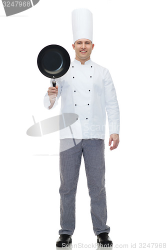 Image of happy male chef cook holding frying pan