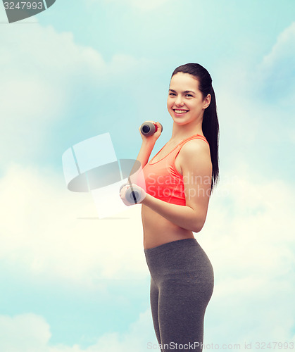 Image of young sporty woman with light dumbbells