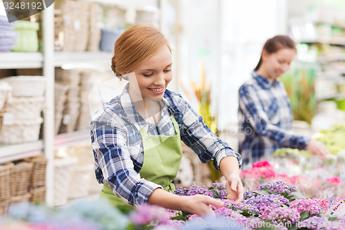 Image of happy woman taking care of flowers in greenhouse