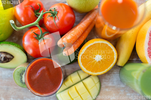 Image of close up of fresh juice glass and fruits on table