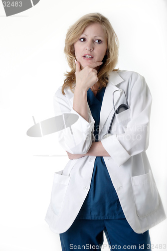 Image of Lady doctor with hand on chin