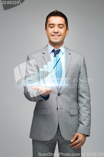 Image of happy businessman showing virtual chart projection