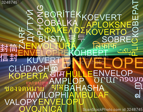 Image of Envelope multilanguage wordcloud background concept glowing