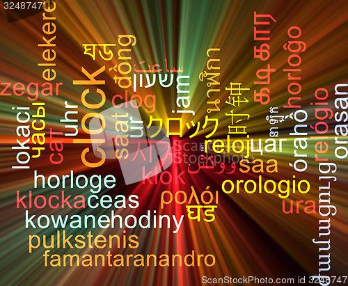 Image of Clock multilanguage wordcloud background concept glowing