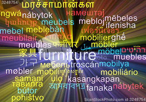 Image of Furniture multilanguage wordcloud background concept glowing