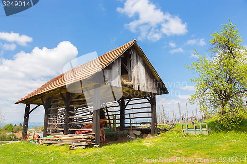 Image of Hayrack and barn in Alpine enviroment, Slovenia