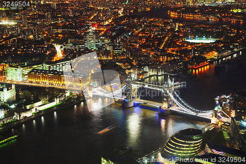 Image of Aerial overview of London city with the Tower bridge