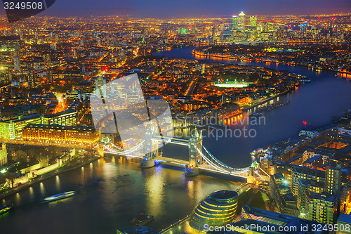 Image of Aerial overview of London city with the Tower bridge