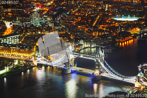 Image of Aerial overview of London city with the Tower bridge