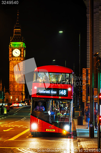 Image of Iconic red double decker bus in London, UK