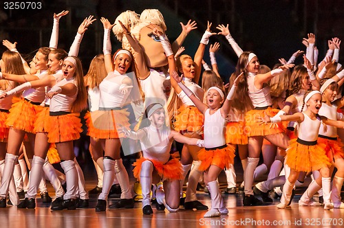 Image of Girl Cheerleading appear on stage Match of the womens League of the Championship of Russia on basketball Nadezhda (Orenburg)-Dinamo GUVD (Novosibirsk)