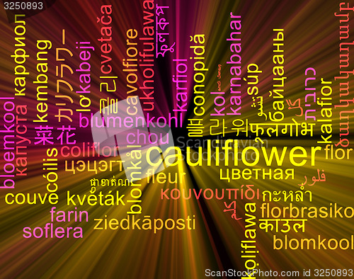 Image of Cauliflower multilanguage wordcloud background concept glowing
