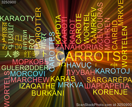 Image of Carrots multilanguage wordcloud background concept glowing