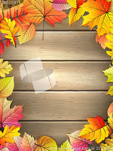 Image of Wooden planks with autumn leaves. EPS 10