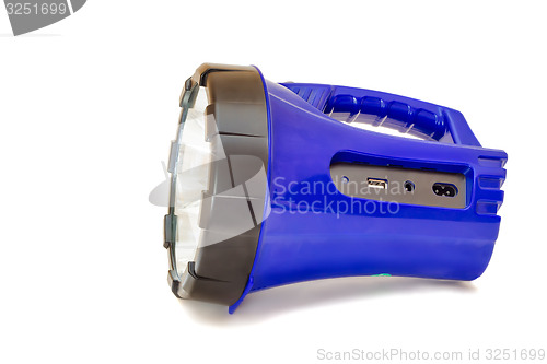 Image of Electric rechargeable led flashlight on a white background.