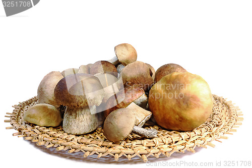 Image of Mushrooms in a wicker dish on a white background.