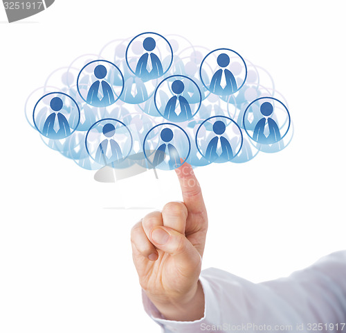 Image of Finger Touching Cloud Of Many Office Worker Icons