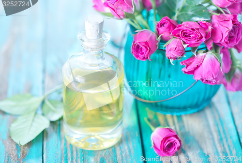 Image of rose oil in glass bottle