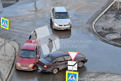 Image of crash of passenger cars on the road in Tyumen, Russia.