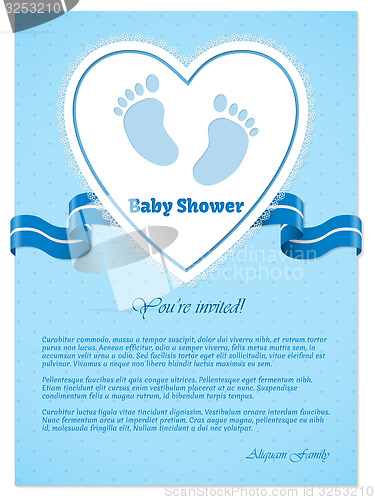 Image of Blue baby shower invitation with text