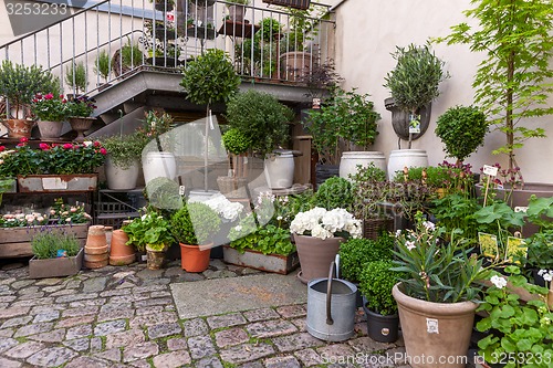 Image of Scandinavian architecture. Flowers decorating entrance to the building.