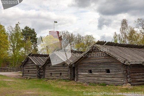 Image of typical swedish  wooden houses - farmhouse yard, stockholm