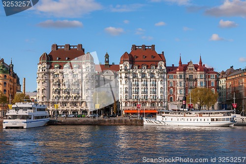 Image of view on the harbor part of Stockholm city. Gamla Stan architecture pier in Stockholm, Sweden