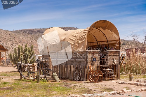 Image of Horse barn with blue sky