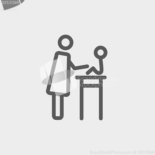 Image of Mother taking care of her baby sitting on high chair thin line icon