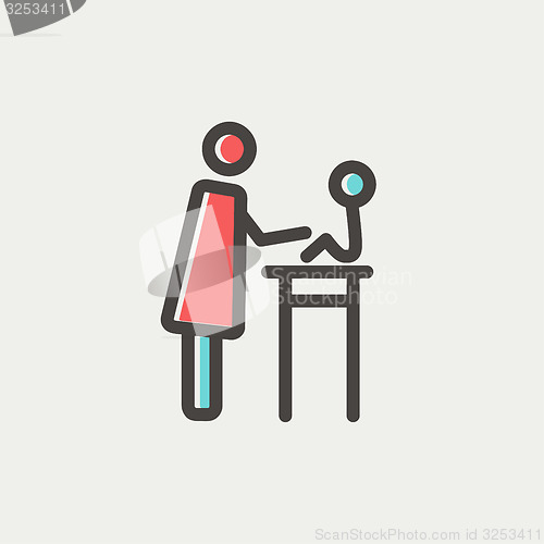 Image of Mother taking care of her baby sitting on high chair thin line icon