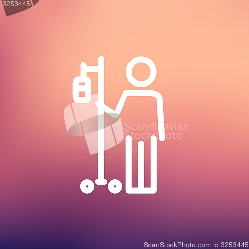 Image of Patient standing with intravenous saline solution thin line icon