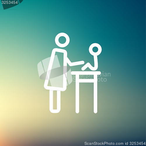 Image of Mother taking care of her baby sitting on high chair thin line icon