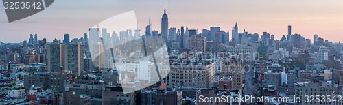 Image of USA, NEW YORK CITY - April 28, 2012. New York City Manhattan skyline aerial view with street and skyscrapers 