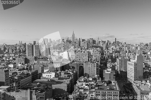 Image of USA, NEW YORK CITY - April 27, 2012 New York City Manhattan skyline aerial view with skyscrapers.  colorless photo 