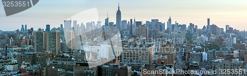 Image of USA, NEW YORK CITY - April 28, 2012. New York City Manhattan skyline aerial view with street and skyscrapers 
