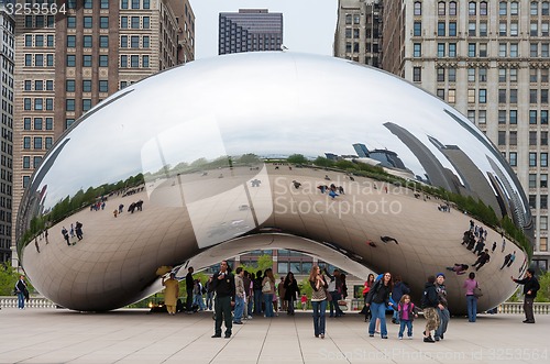 Image of Cloud Gate and Chicago skyline. November 5, 2008 in  Illinois.