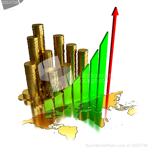 Image of Business Char, gold coins and world map