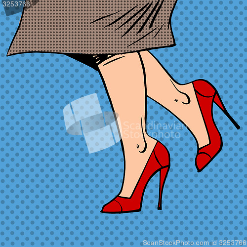Image of Female legs in red shoes woman coat goes pop art comics retro st
