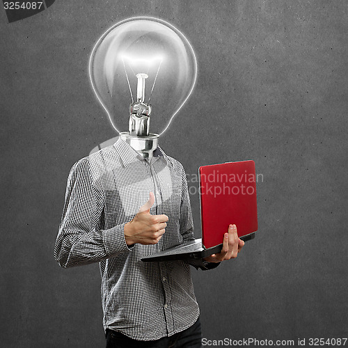Image of Lamp Head Man With Laptop In His Hands Well Done