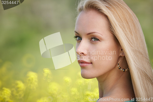 Image of Beautiful woman over nature background