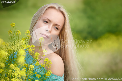 Image of Beautiful woman over nature background