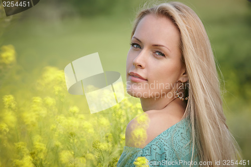 Image of Beautiful woman over nature background