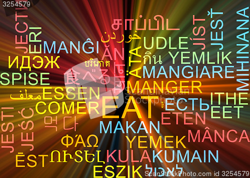 Image of Eat multilanguage wordcloud background concept glowing